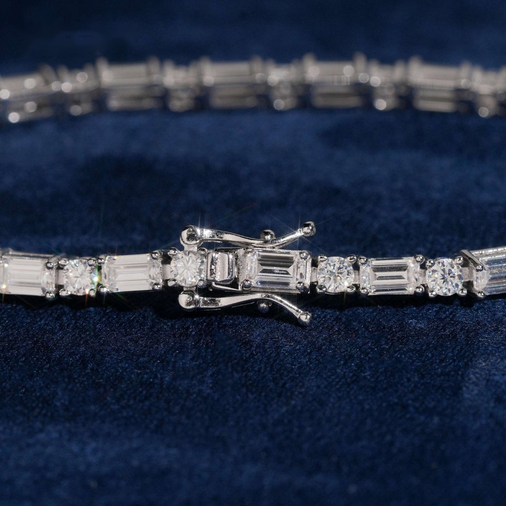 Baguette & Round Link Tennis Bracelet — Moissanite, 925 Silver