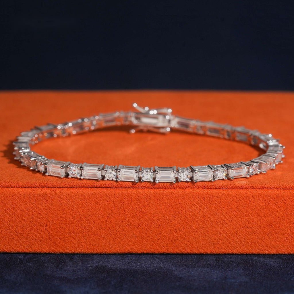 Baguette & Round Link Tennis Bracelet — Moissanite, 925 Silver