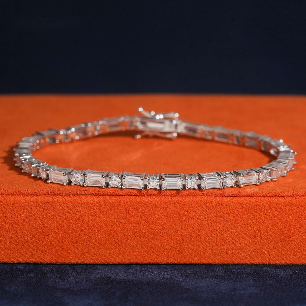 Baguette & Round Link Tennis Bracelet — Moissanite, 925 Silver