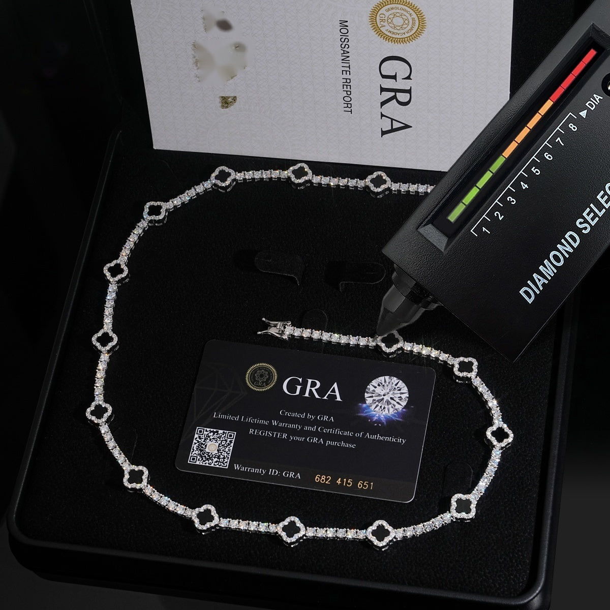 Black Clover Tennis Chain — Moissanite, 925 Silver