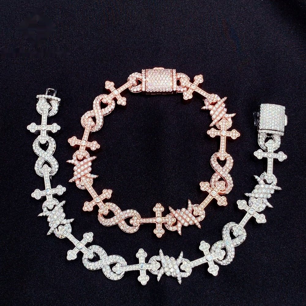 Cross & Barbed Wire Infinity Bracelet — Moissanite, 925 Silver