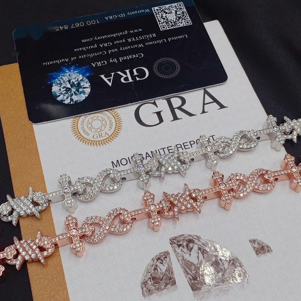 Cross & Barbed Wire Infinity Bracelet — Moissanite, 925 Silver