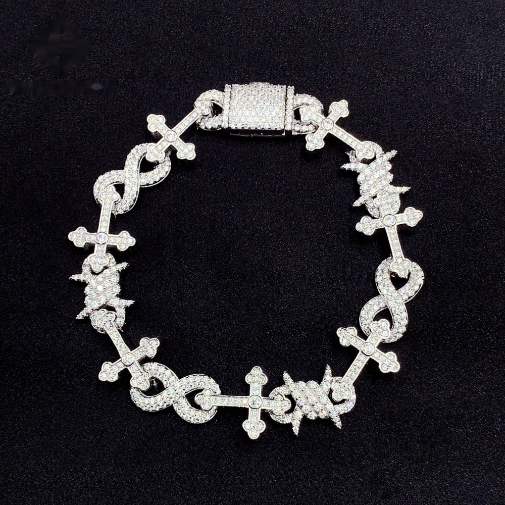 Cross & Barbed Wire Infinity Bracelet — Moissanite, 925 Silver