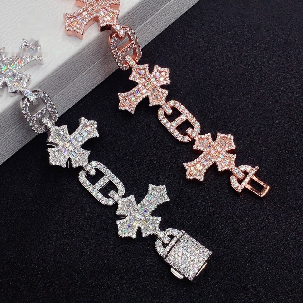 Gothic Cross Mariner Link Bracelet — Moissanite, 925 Silver