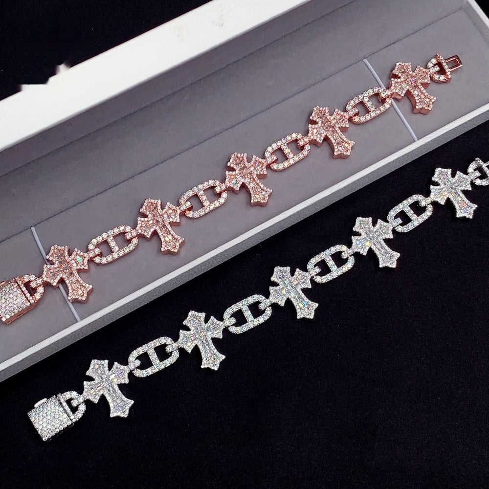 Gothic Cross Mariner Link Bracelet — Moissanite, 925 Silver