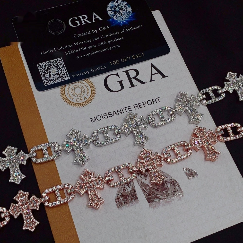 Gothic Cross Mariner Link Bracelet — Moissanite, 925 Silver
