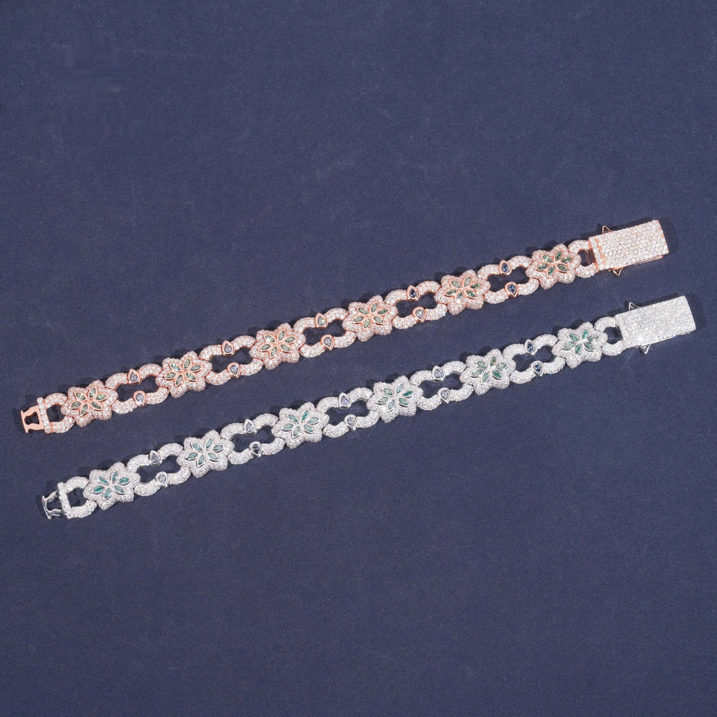 Green Flower Link Bracelet — Moissanite, 925 Silver