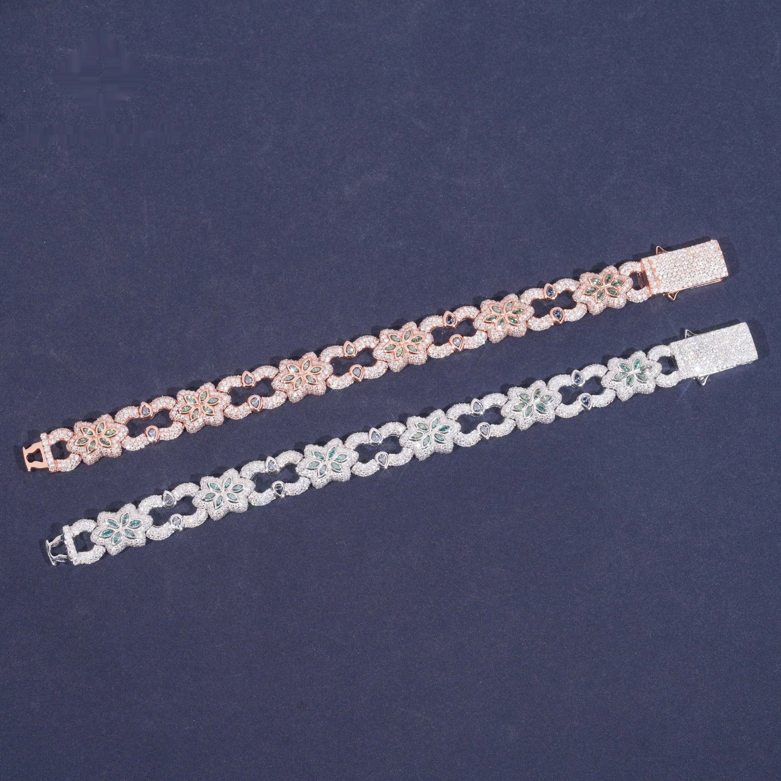 Green Flower Link Bracelet — Moissanite, 925 Silver