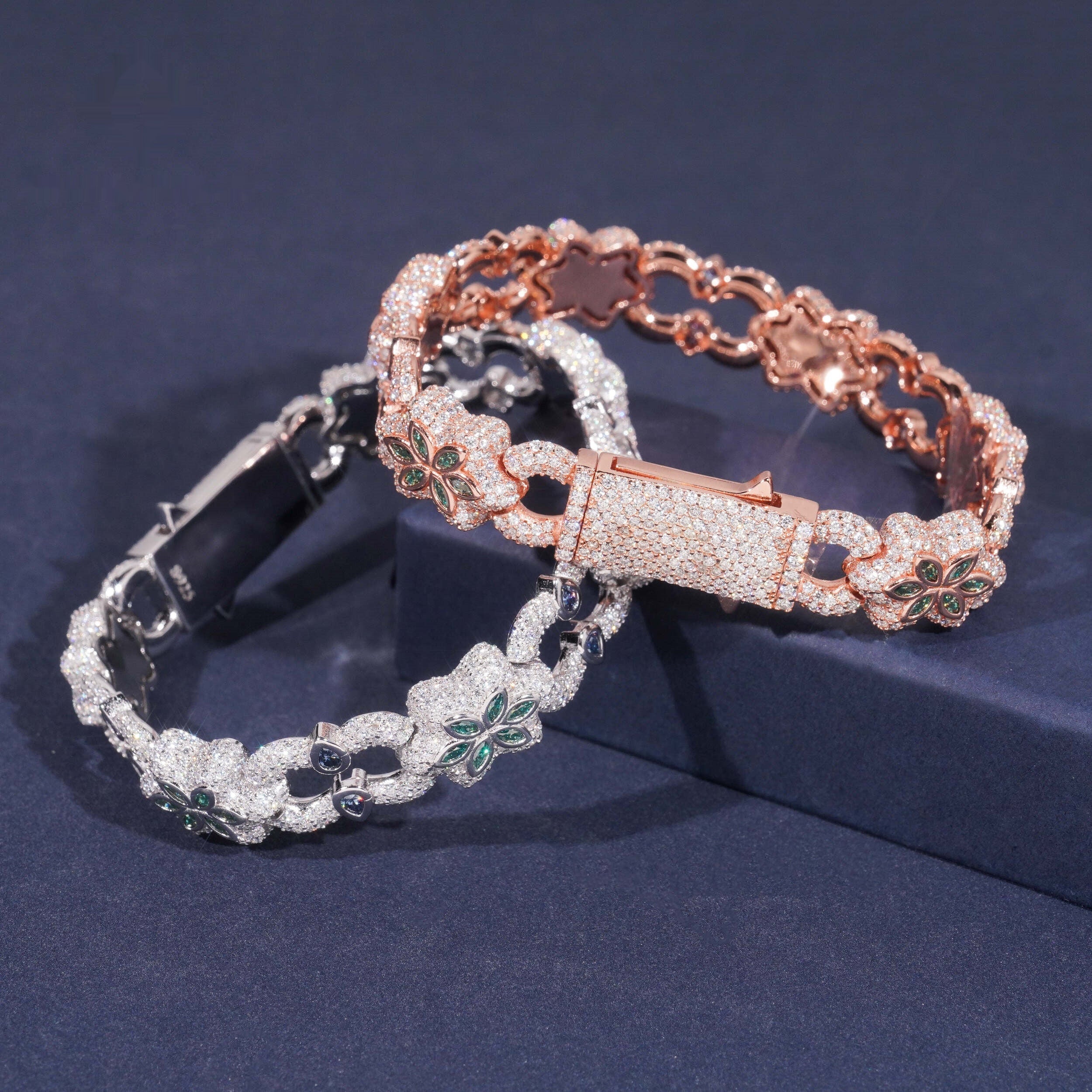 Green Flower Link Bracelet — Moissanite, 925 Silver