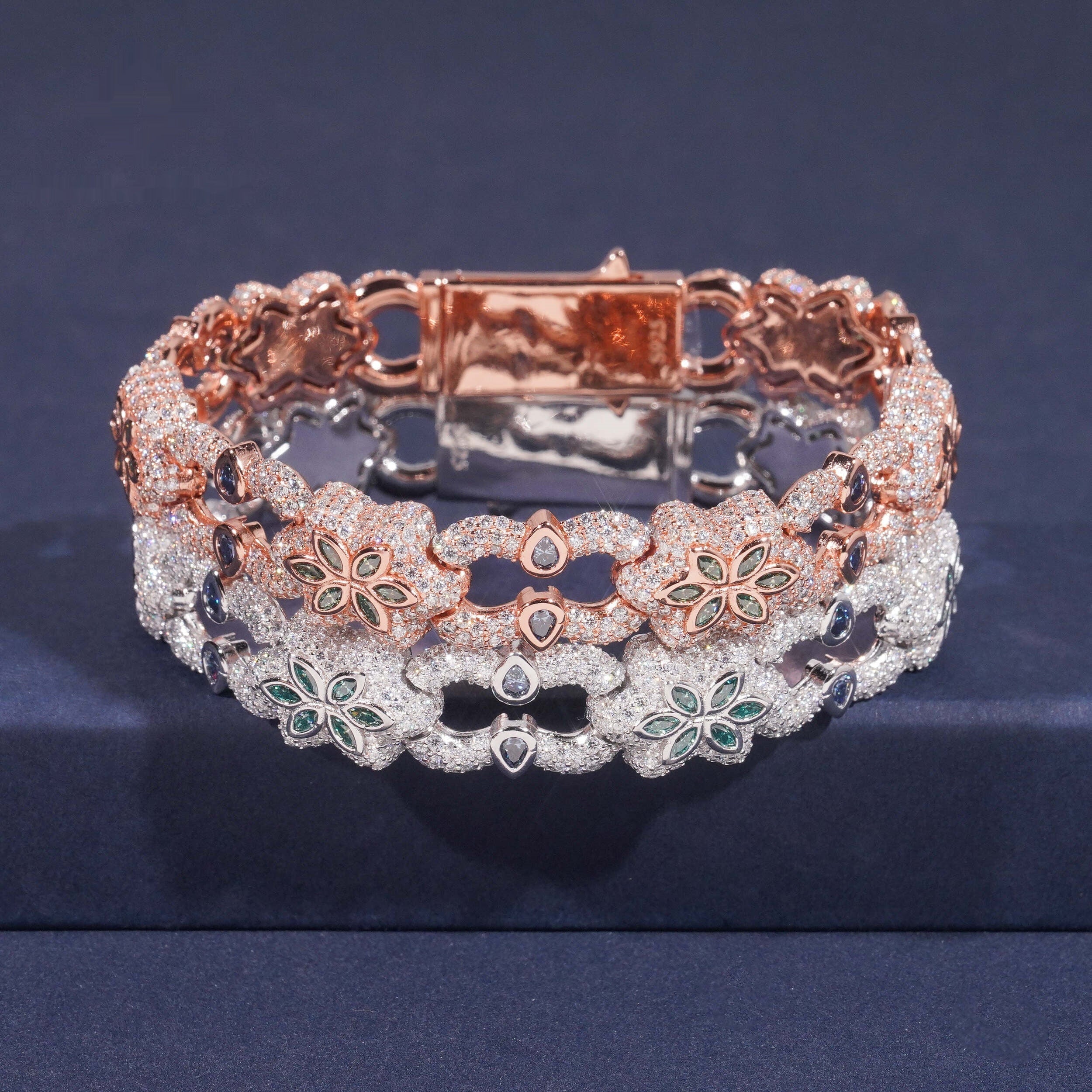 Green Flower Link Bracelet — Moissanite, 925 Silver