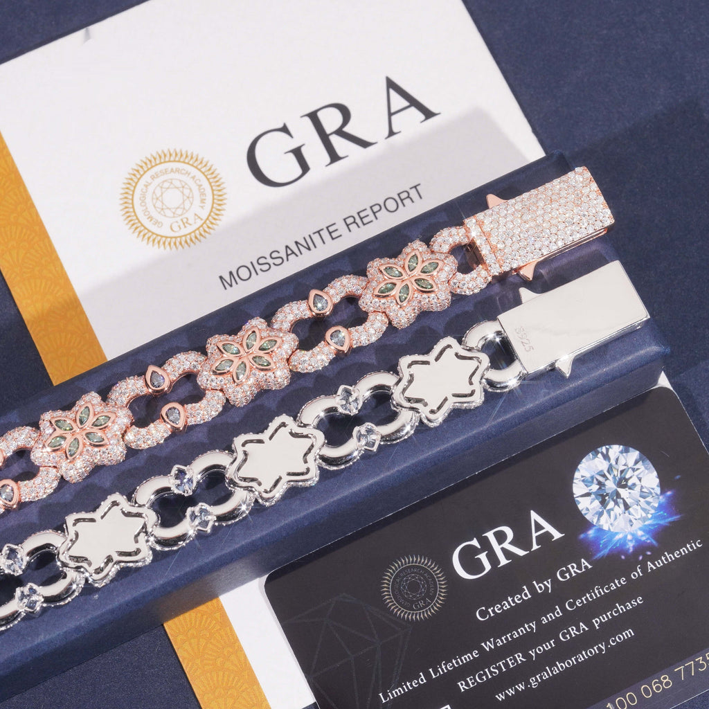 Green Flower Link Bracelet — Moissanite, 925 Silver
