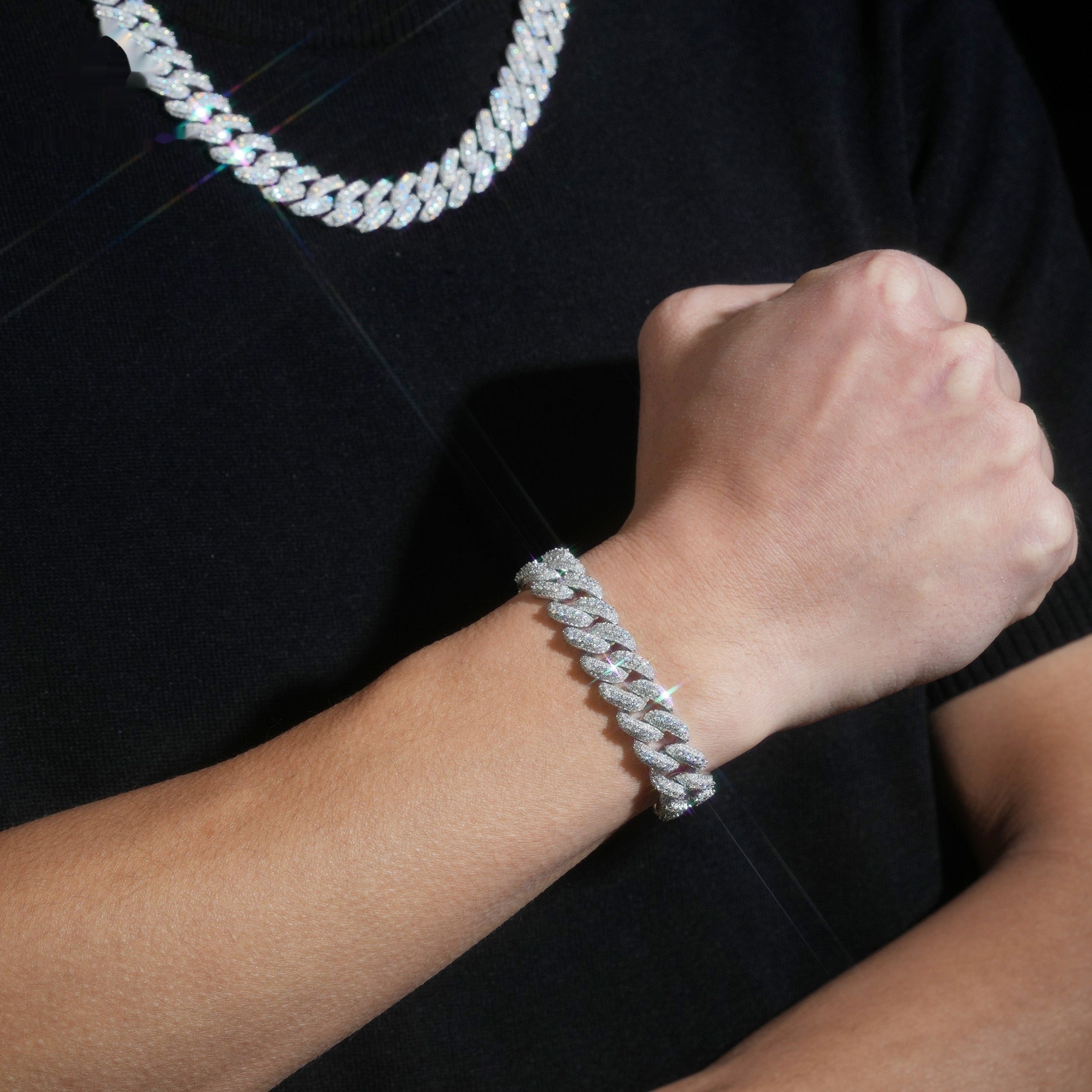 13mm Cuban Bracelet Domed Pavé Setting — Moissanite, 925 Silver