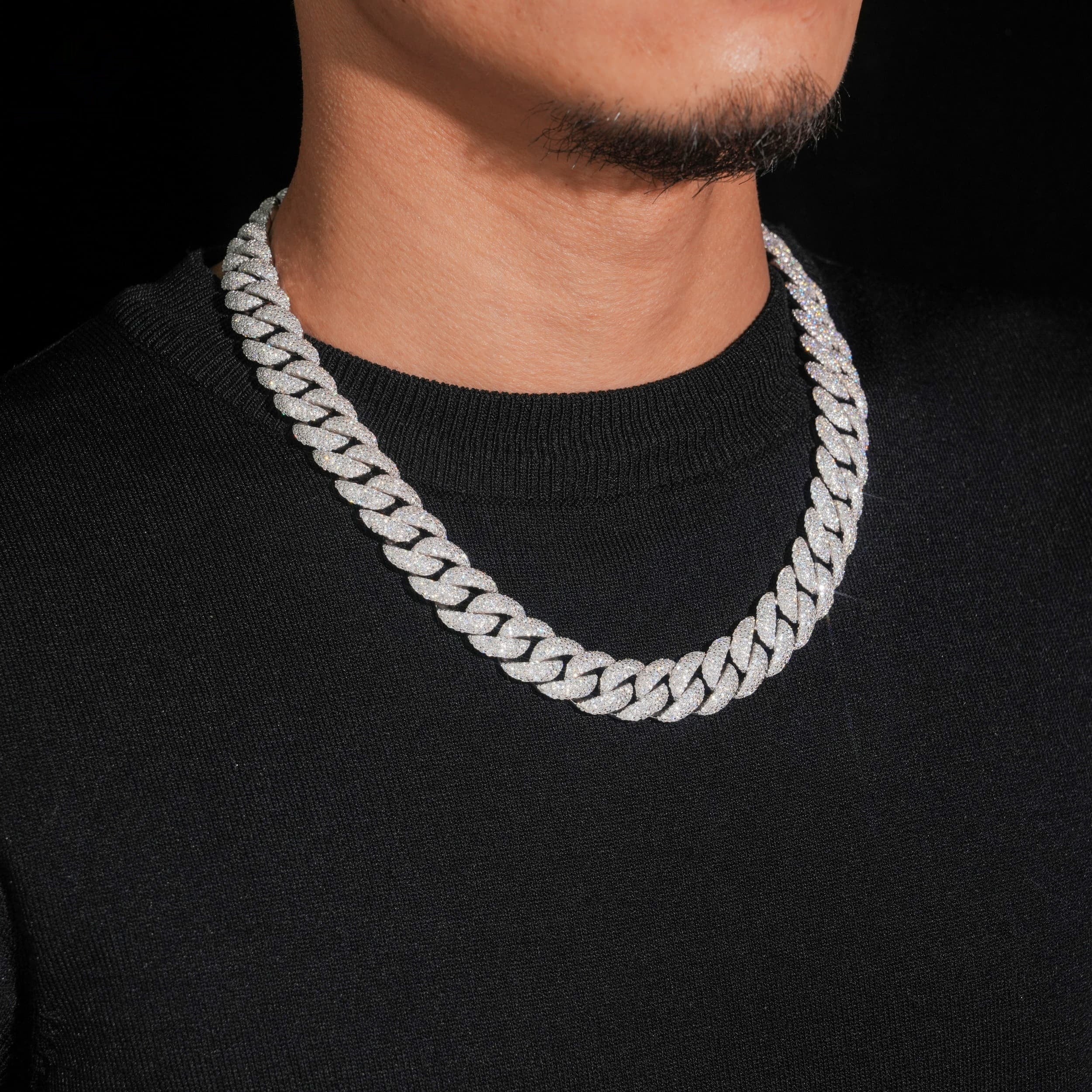 15mm Cuban Chain Pavé Setting — Moissanite, 925 Silver