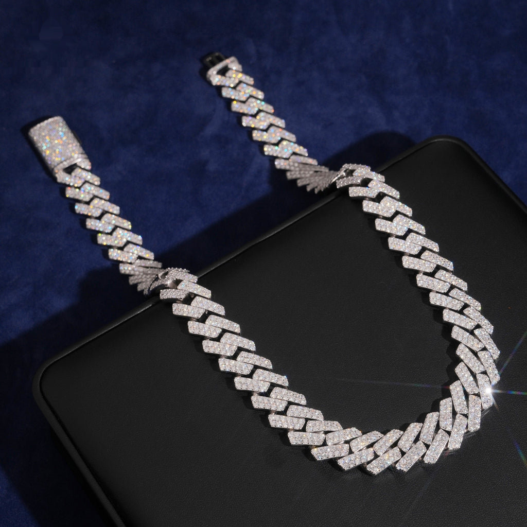 16mm Cuban Chain 2-Row Prong Setting — Moissanite, 925 Silver
