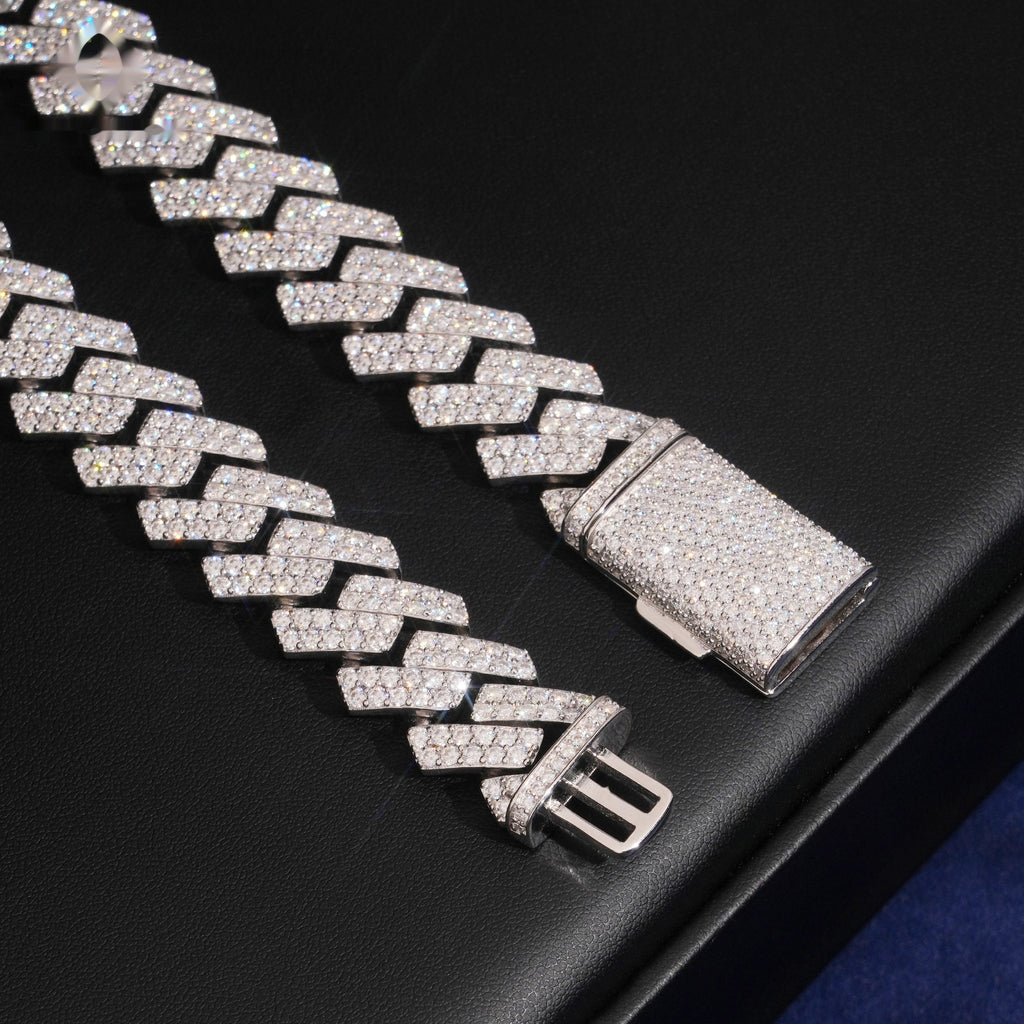 16mm Cuban Chain 2-Row Prong Setting — Moissanite, 925 Silver