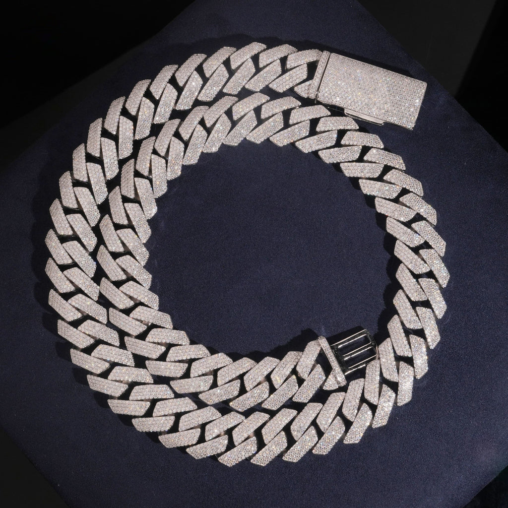 18mm Cuban Bracelet 4-Row Honeycomb Setting — Moissanite, 925 Silver