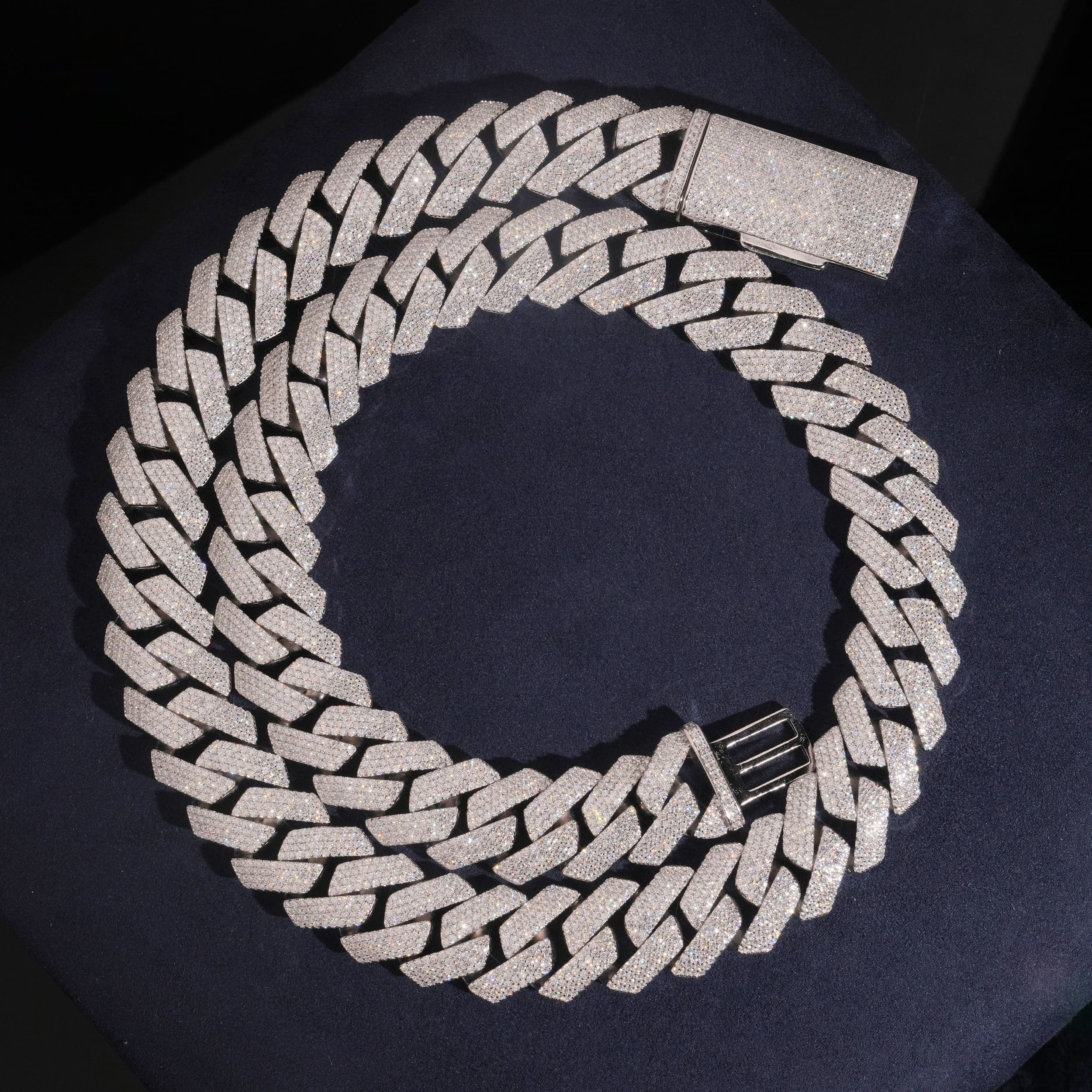 18mm Cuban Bracelet 4-Row Honeycomb Setting — Moissanite, 925 Silver