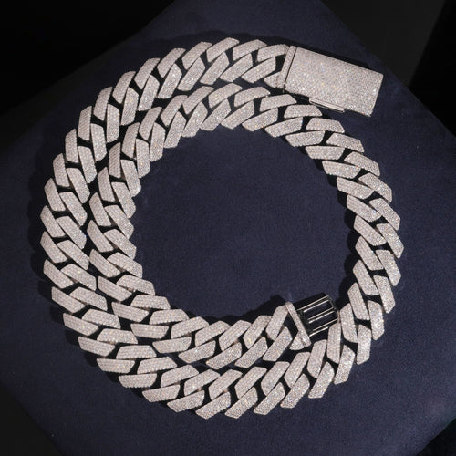 18mm Cuban Bracelet 4-Row Honeycomb Setting — Moissanite, 925 Silver