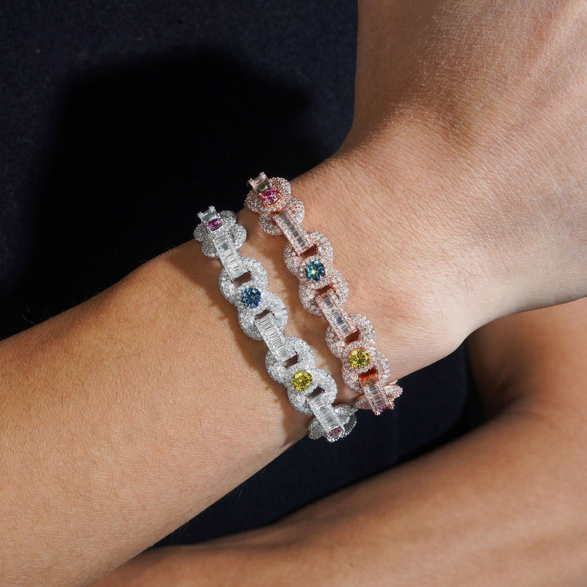 Colored Stone Baguette Link Bracelet — Moissanite, 925 Silver