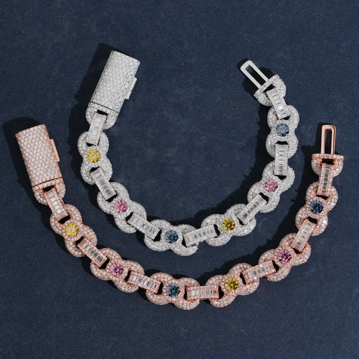 Colored Stone Baguette Link Bracelet — Moissanite, 925 Silver