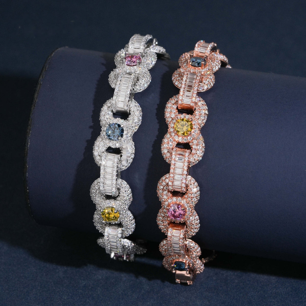 Colored Stone Baguette Link Bracelet — Moissanite, 925 Silver