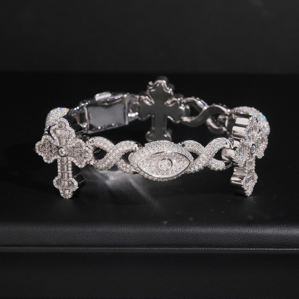 Cross & Evil Eye Bracelet – Moissanite & 925 Silver
