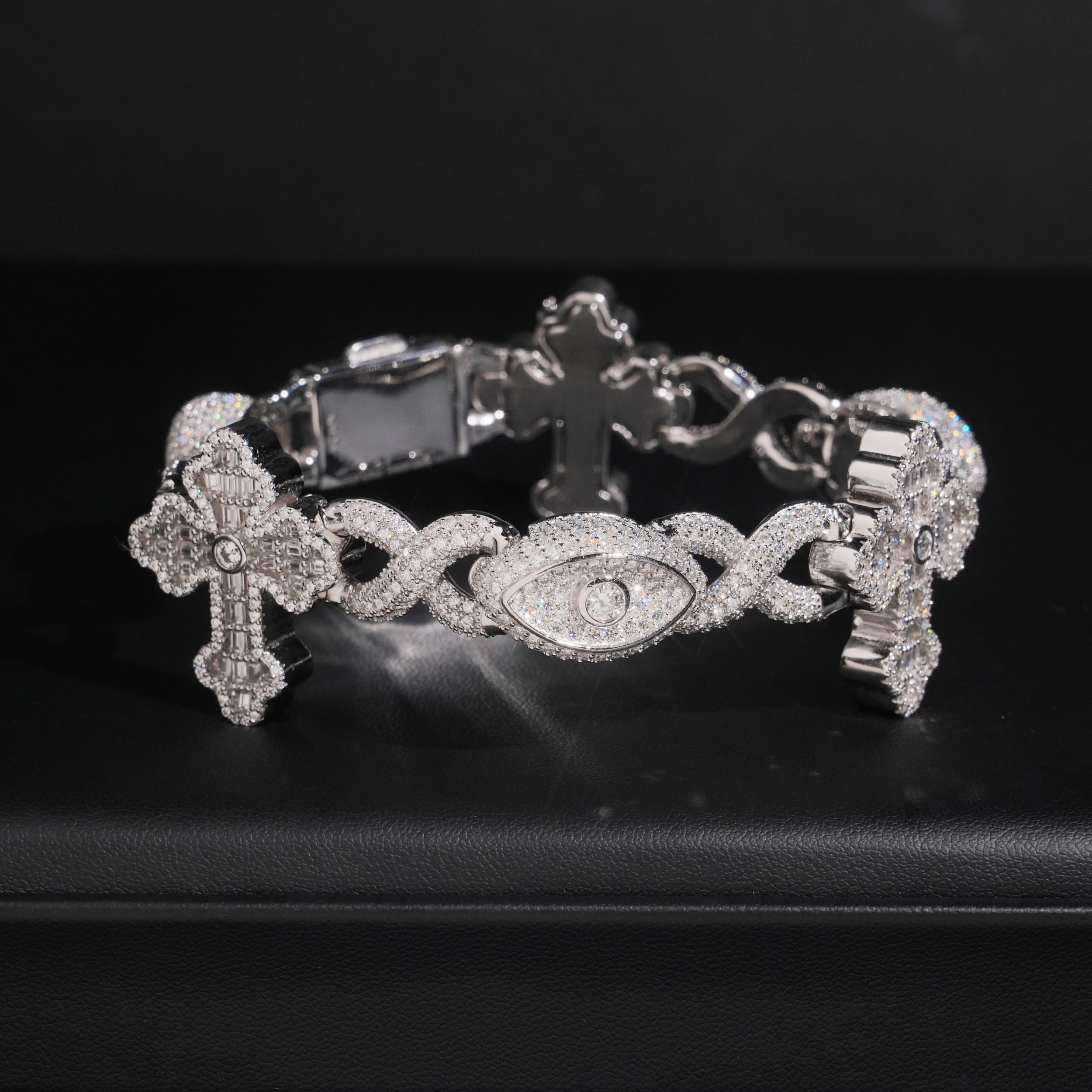 Cross & Evil Eye Bracelet – Moissanite & 925 Silver