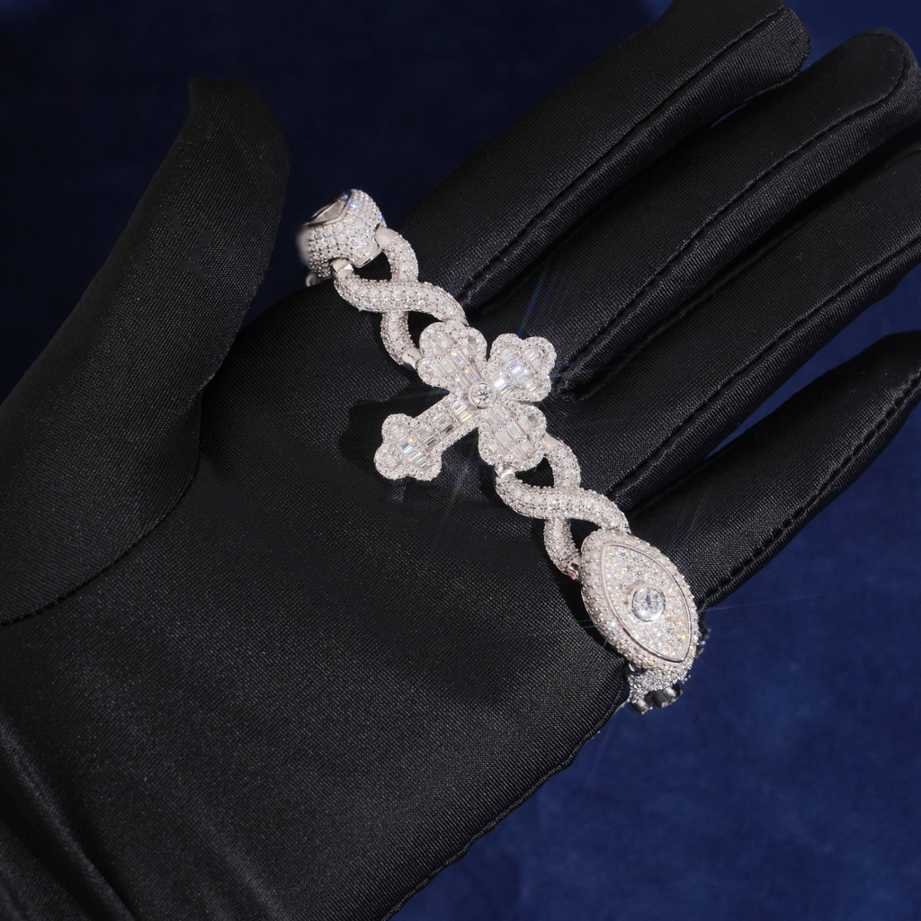 Cross & Evil Eye Bracelet – Moissanite & 925 Silver