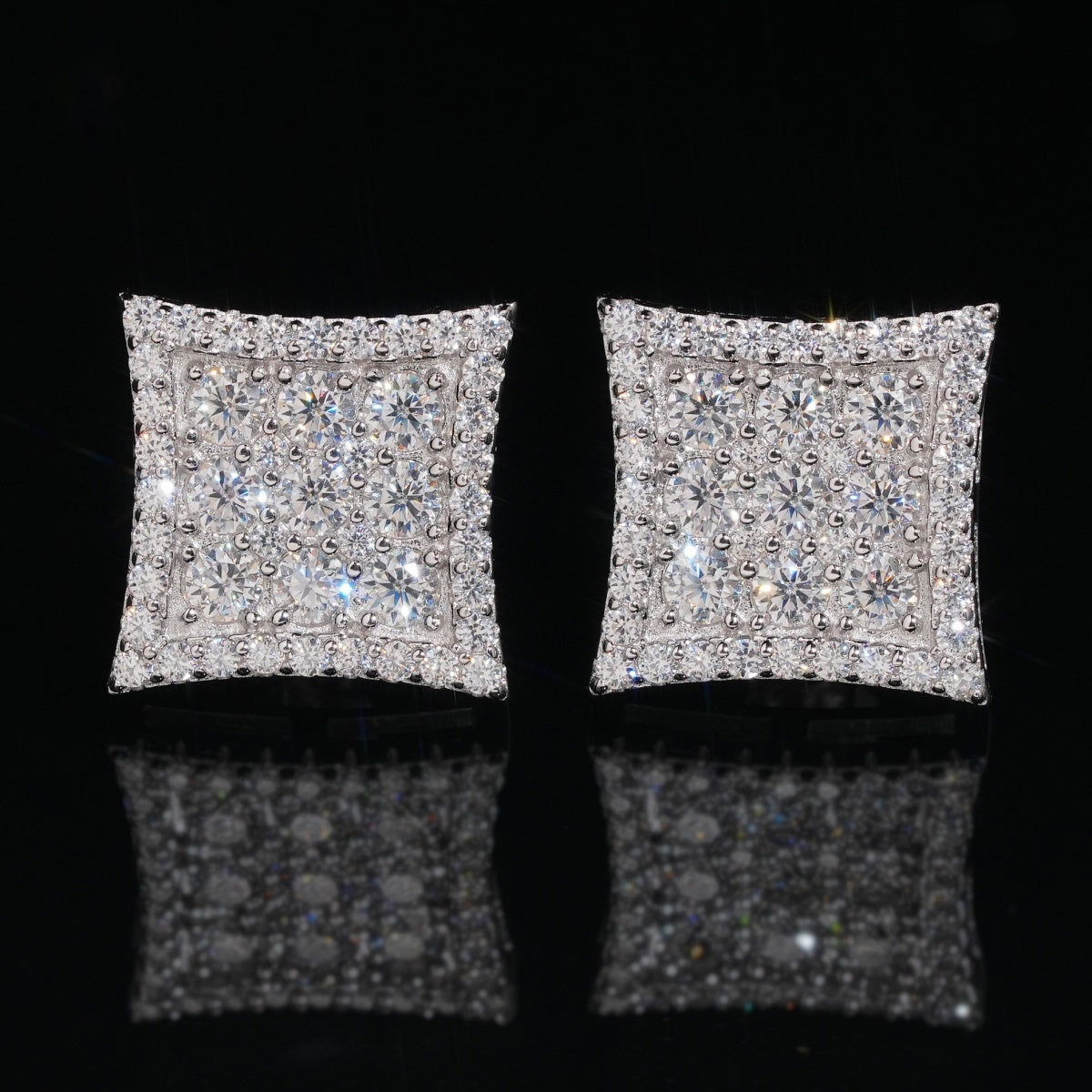 Curved Square Pavé Stud Earrings Screw Back — Moissanite, 925 Silver