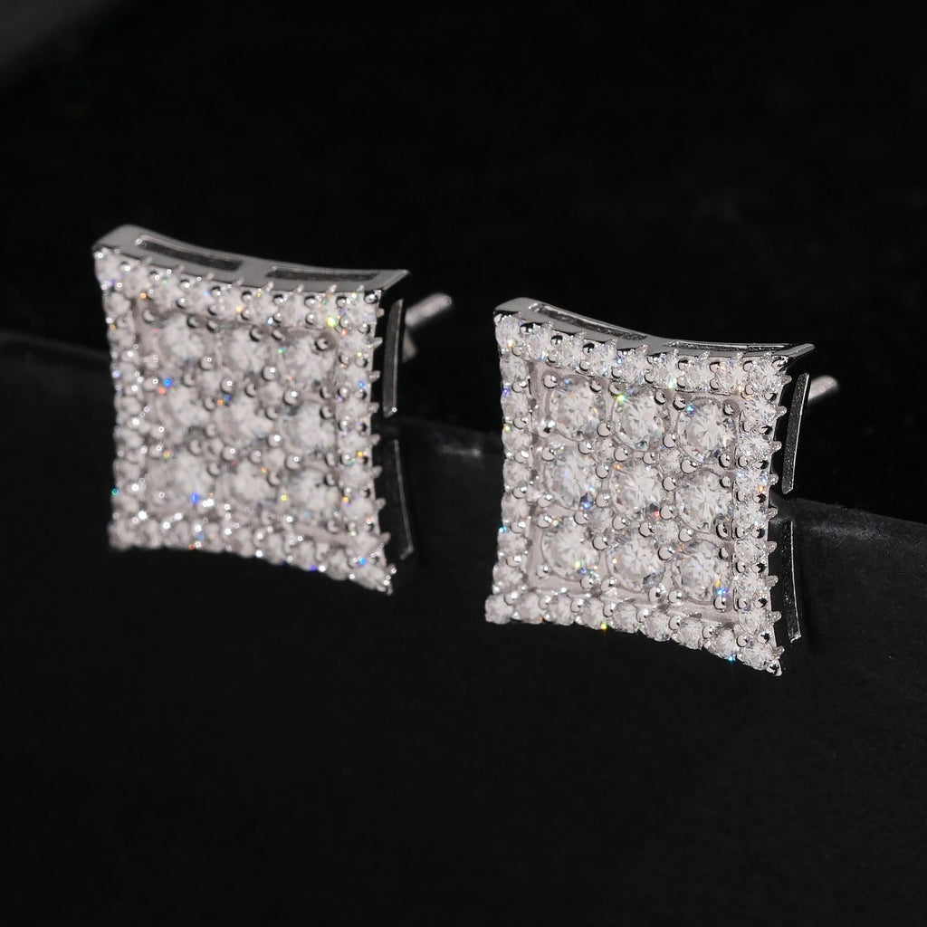 Curved Square Pavé Stud Earrings Screw Back — Moissanite, 925 Silver