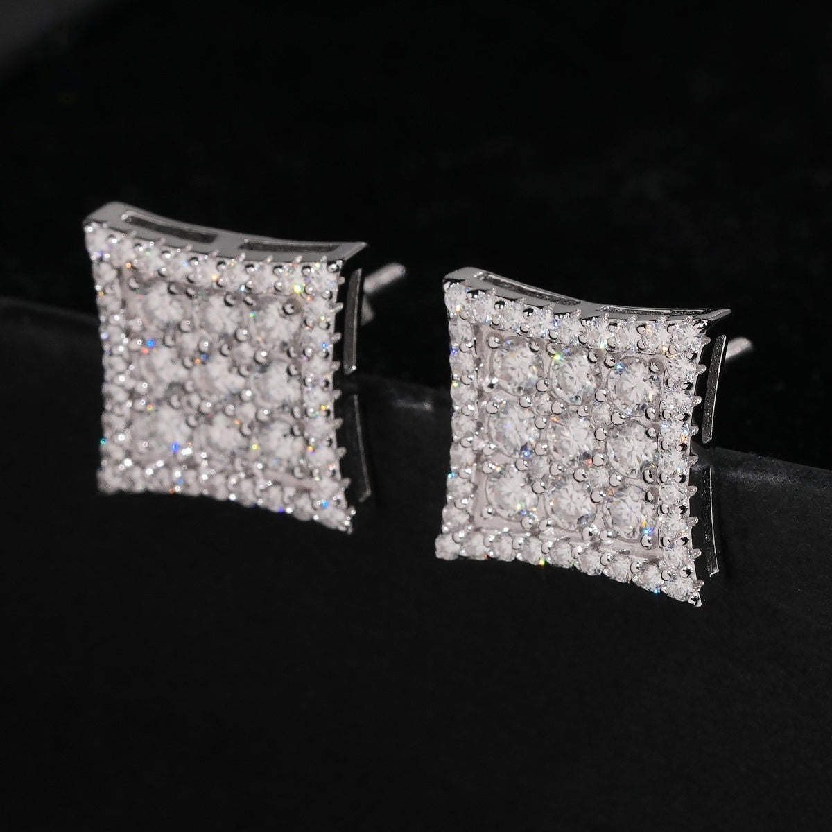 Curved Square Pavé Stud Earrings Screw Back — Moissanite, 925 Silver