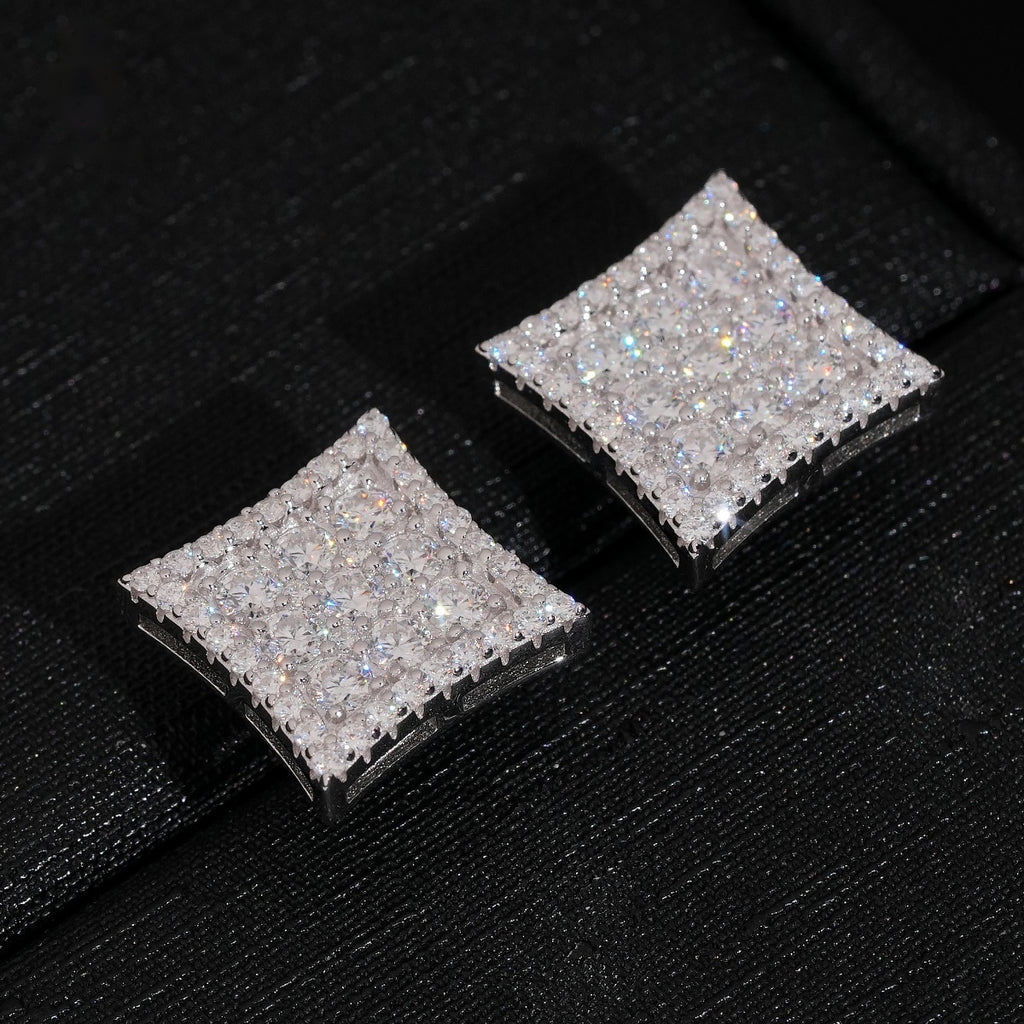 Curved Square Pavé Stud Earrings Screw Back — Moissanite, 925 Silver