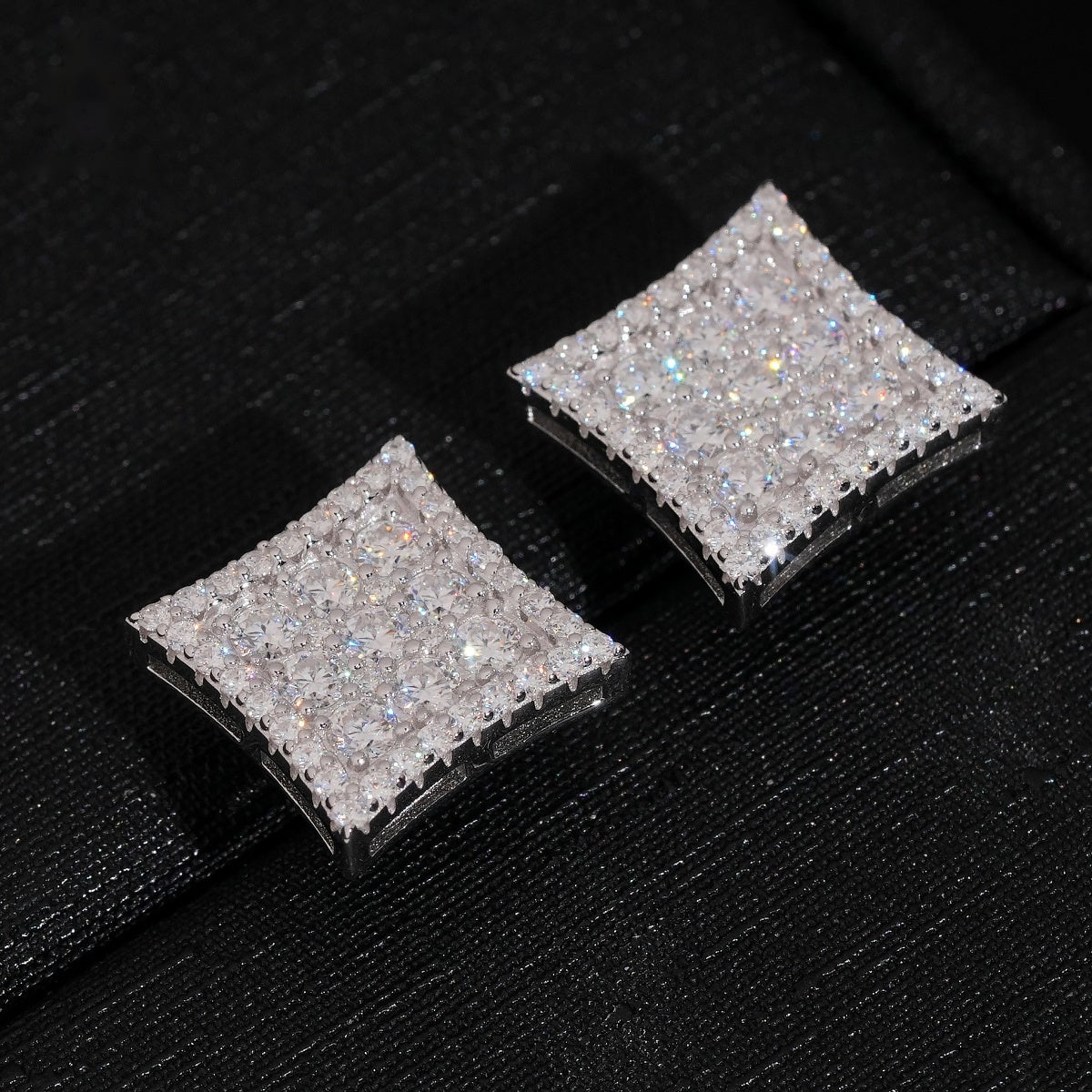 Curved Square Pavé Stud Earrings Screw Back — Moissanite, 925 Silver