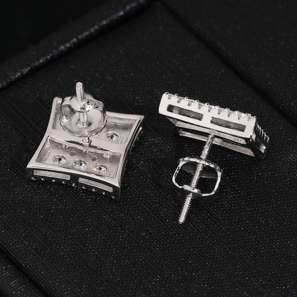 Curved Square Pavé Stud Earrings Screw Back — Moissanite, 925 Silver