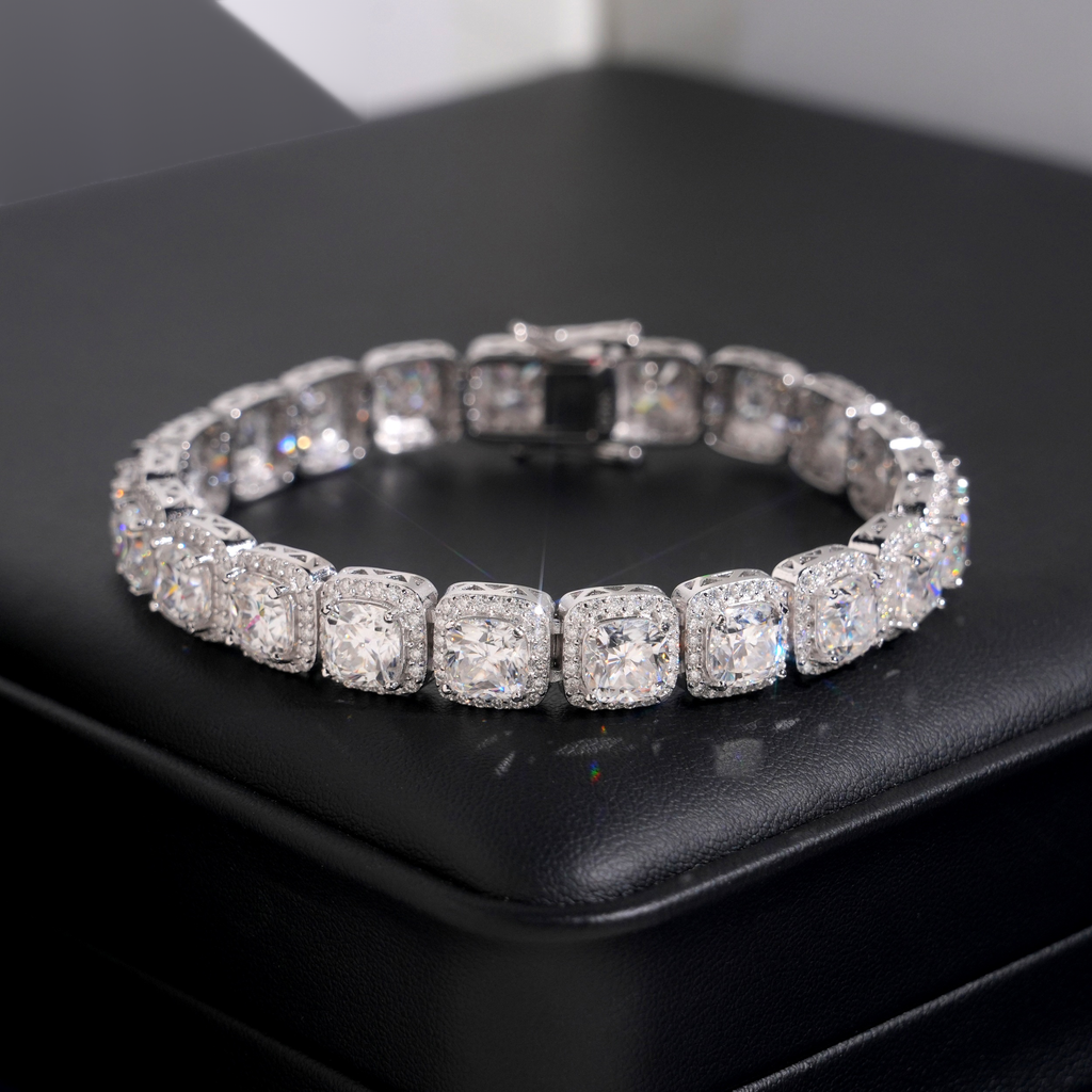 Cushion-Cut Halo Tennis Bracelet – Moissanite & 925 Silver