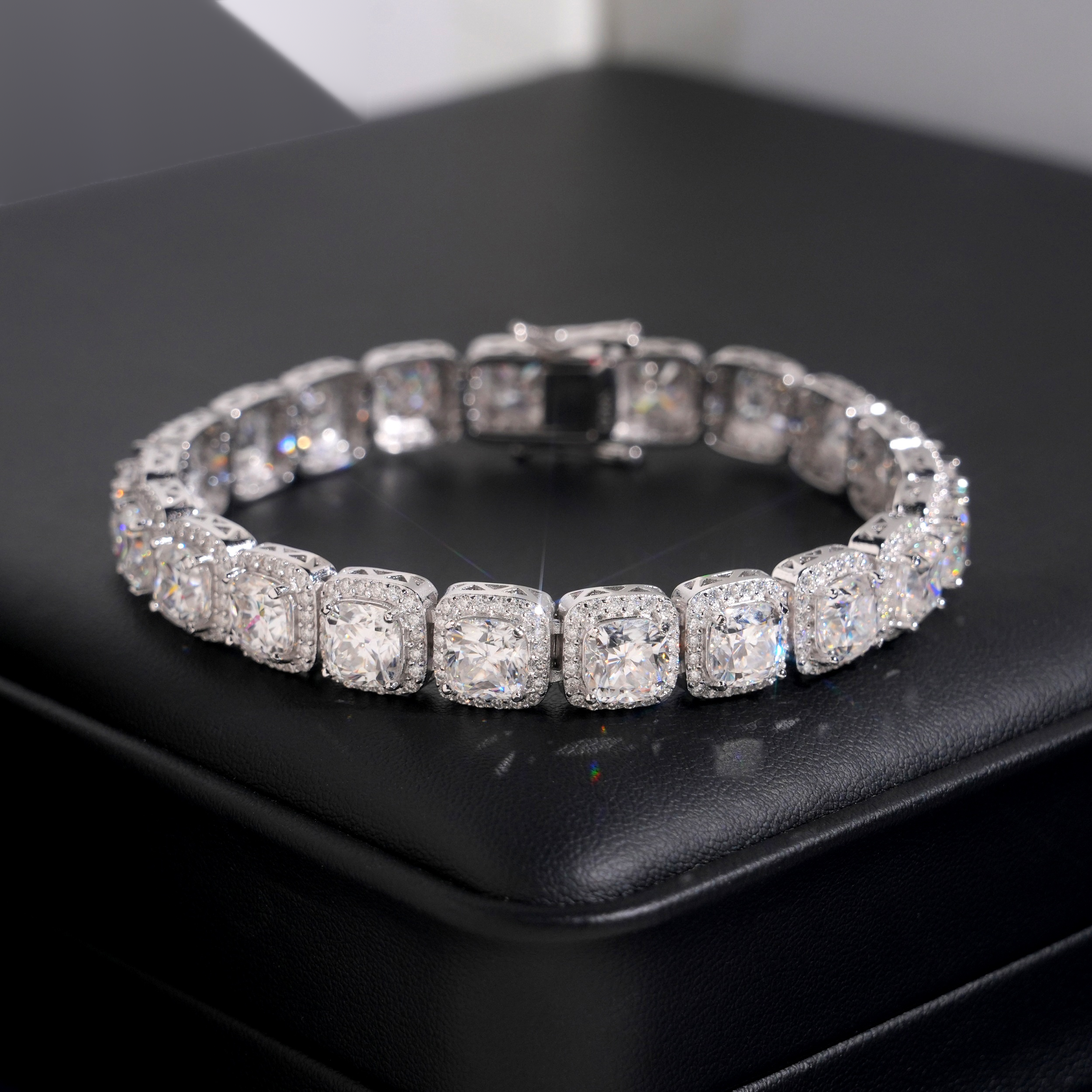 Cushion-Cut Halo Tennis Bracelet – Moissanite & 925 Silver