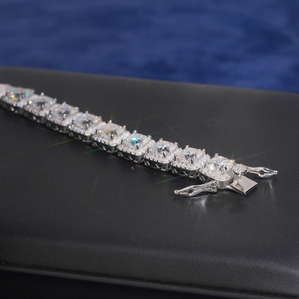 Cushion-Cut Halo Tennis Bracelet – Moissanite & 925 Silver