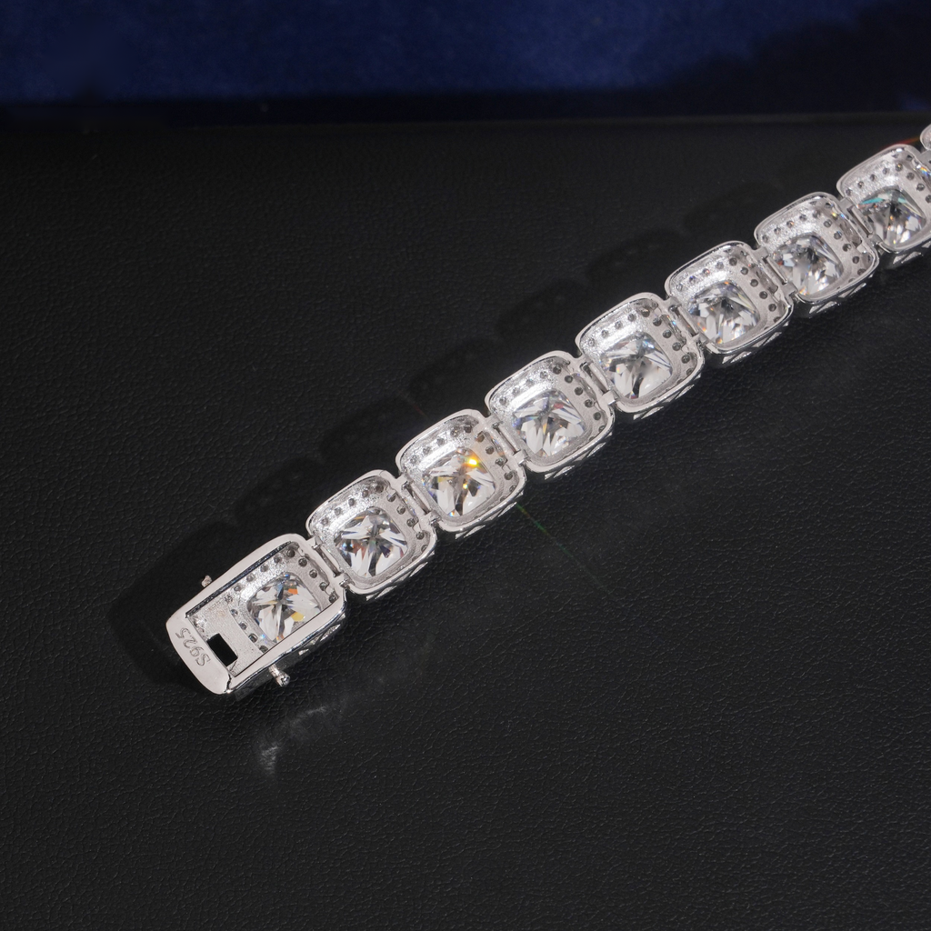 Cushion-Cut Halo Tennis Bracelet – Moissanite & 925 Silver