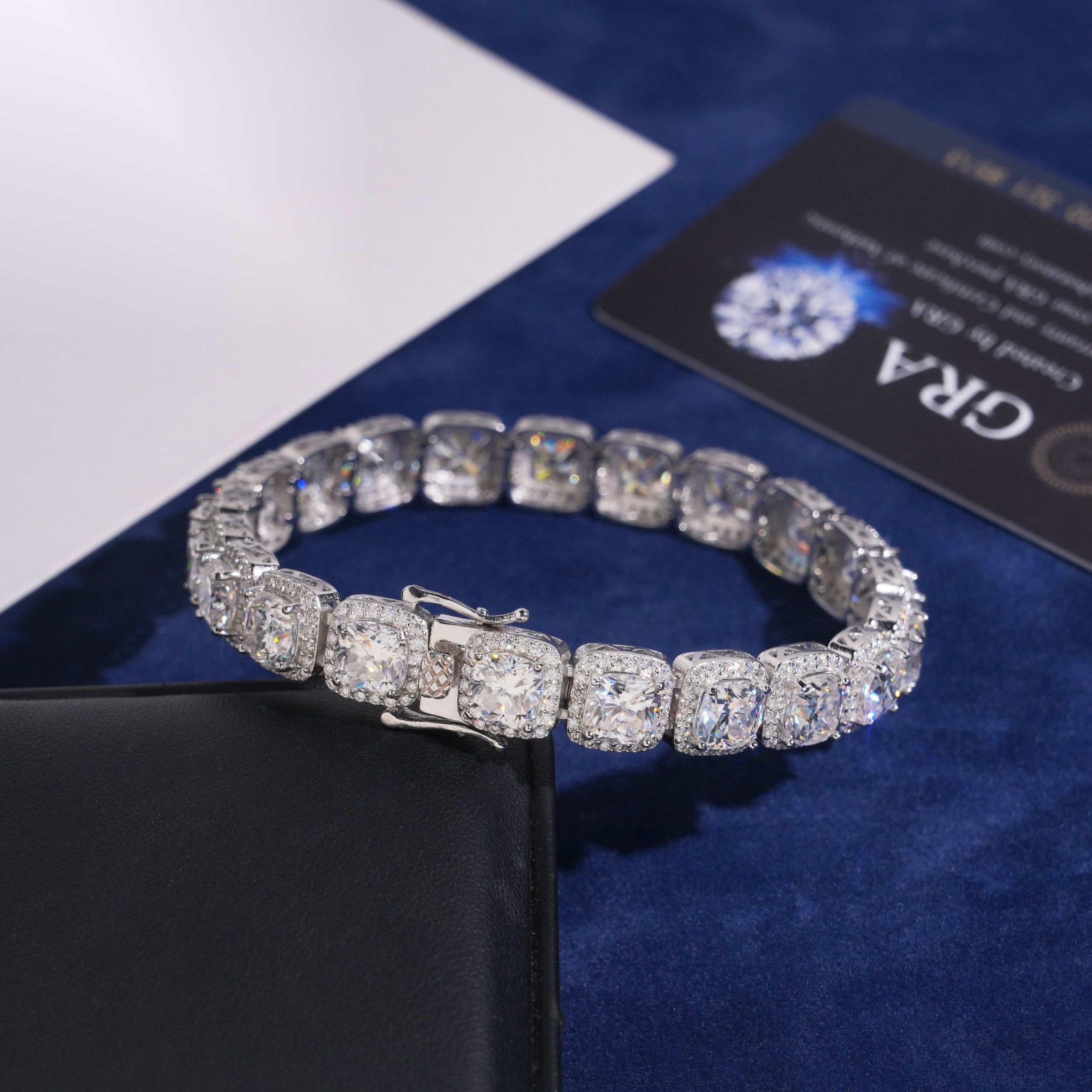 Cushion-Cut Halo Tennis Bracelet – Moissanite & 925 Silver
