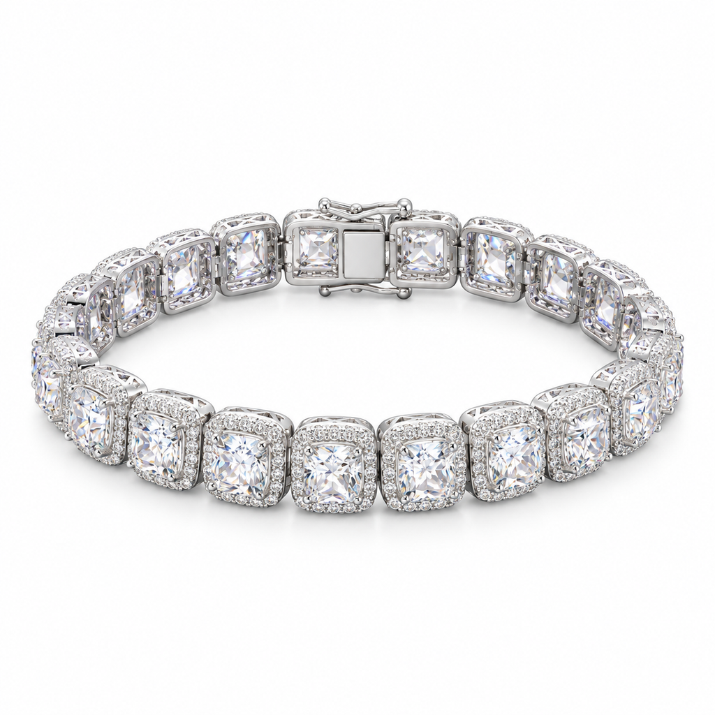Cushion-Cut Halo Tennis Bracelet – Moissanite & 925 Silver