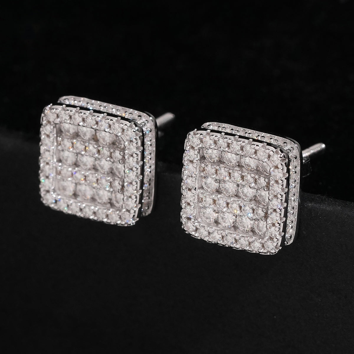 Double Layer Square Stud Earrings Screw Back — Moissanite, 925 Silver