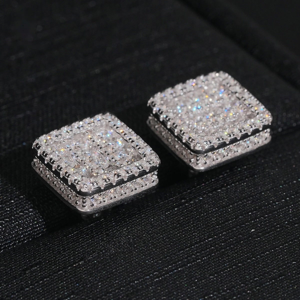 Double Layer Square Stud Earrings Screw Back — Moissanite, 925 Silver
