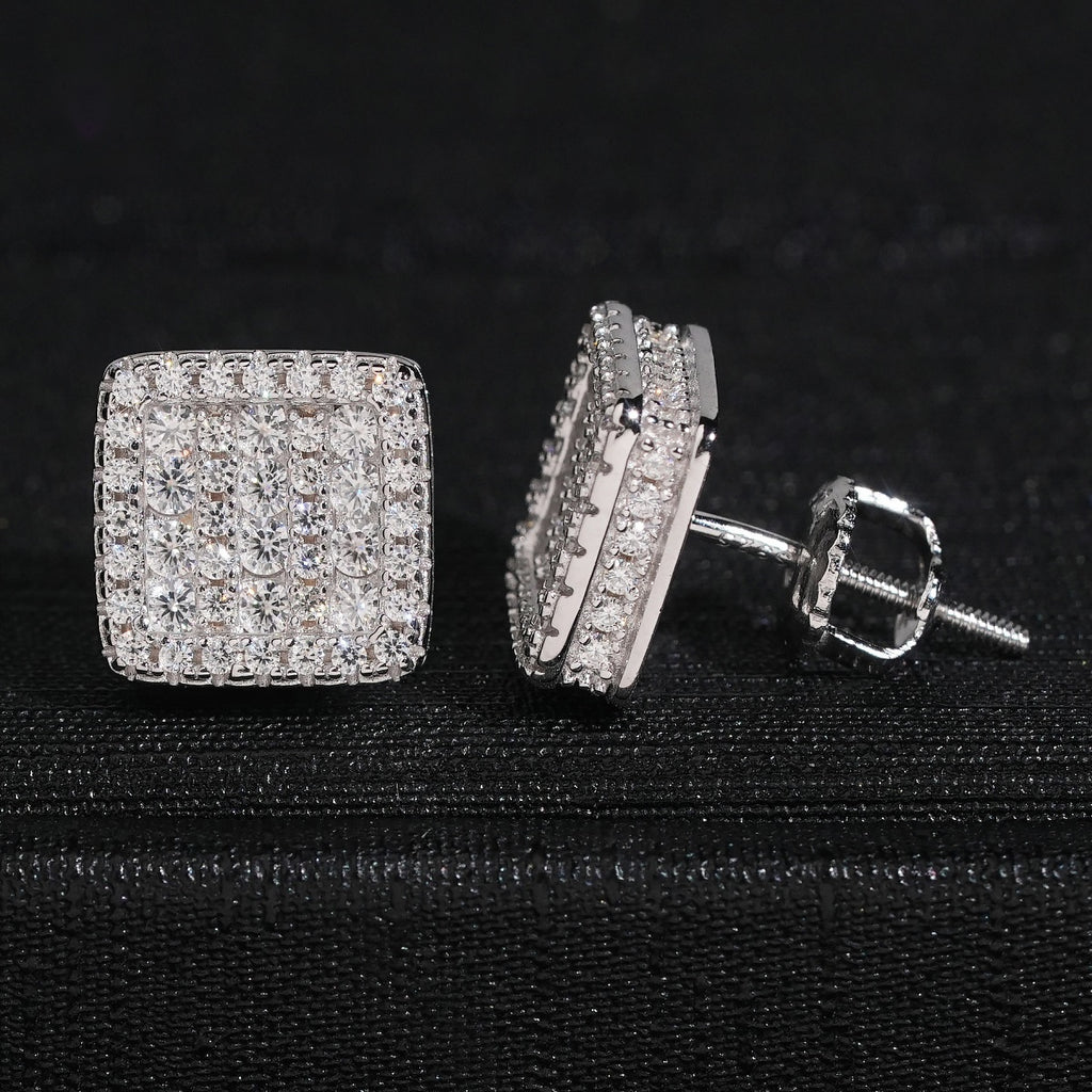Double Layer Square Stud Earrings Screw Back — Moissanite, 925 Silver