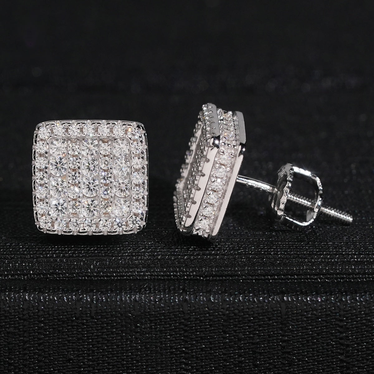 Double Layer Square Stud Earrings Screw Back — Moissanite, 925 Silver