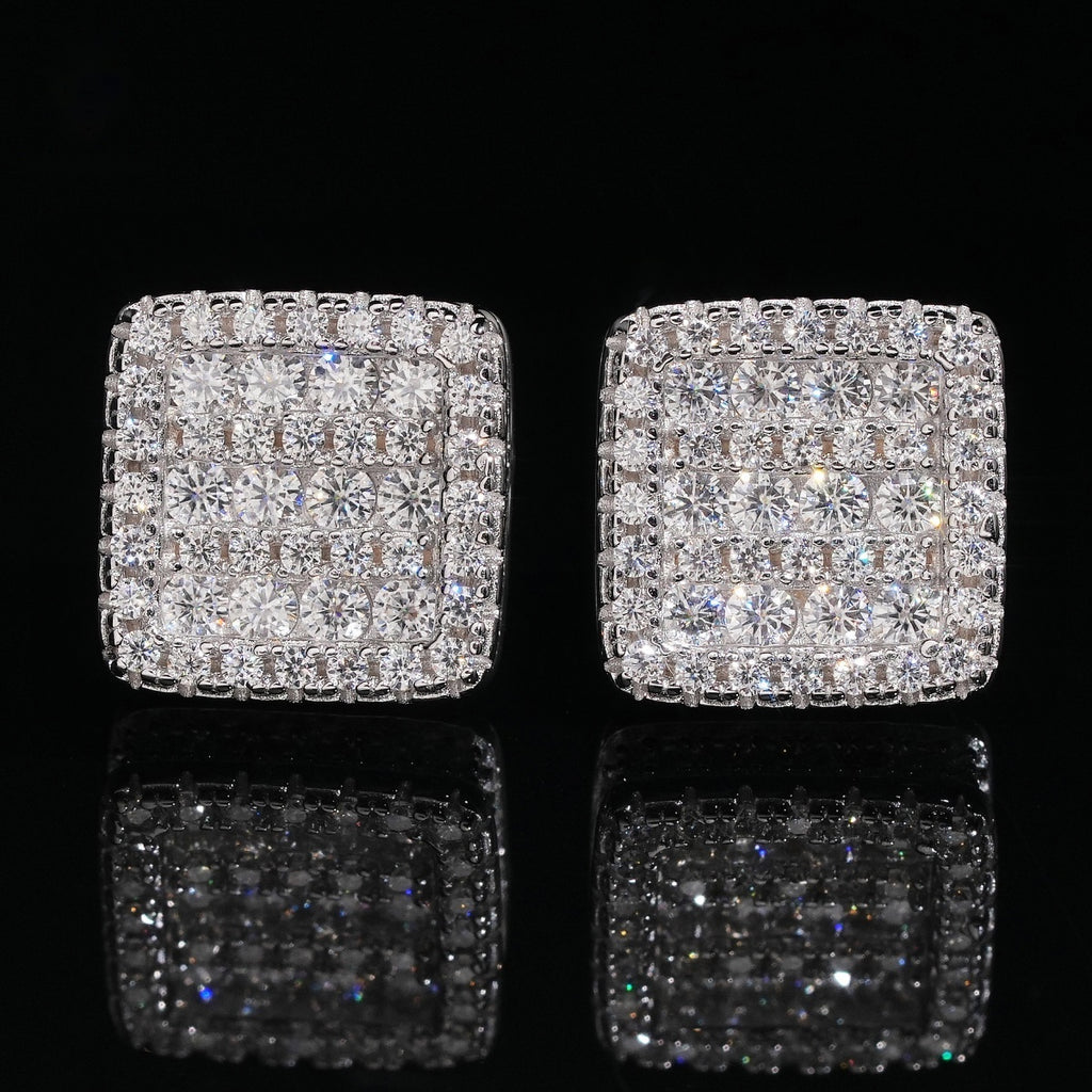 Double Layer Square Stud Earrings Screw Back — Moissanite, 925 Silver