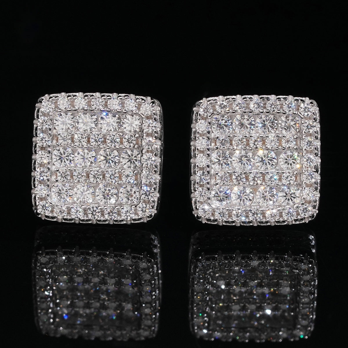 Double Layer Square Stud Earrings Screw Back — Moissanite, 925 Silver