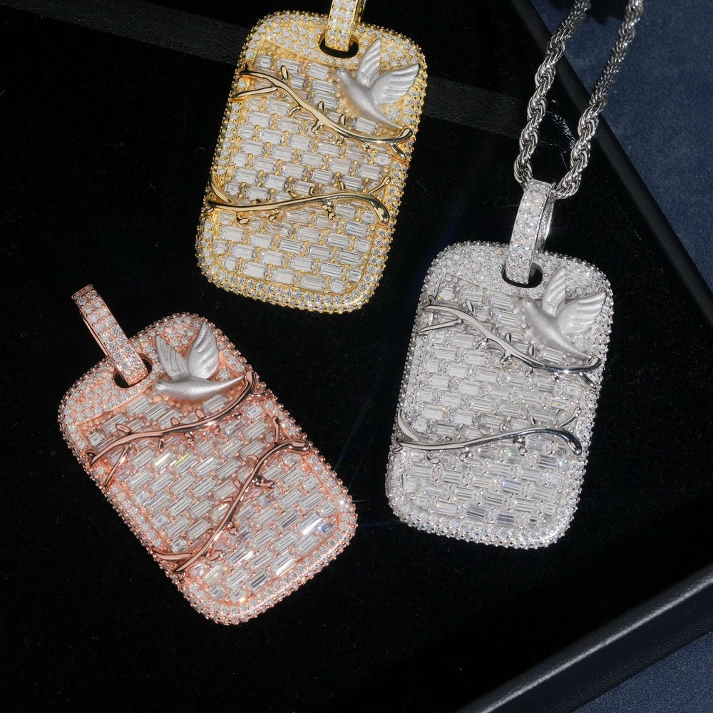 Dove Baguette Tag Pendant — Moissanite, 925 Silver