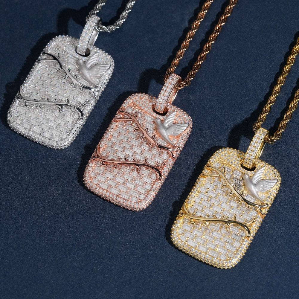 Dove Baguette Tag Pendant — Moissanite, 925 Silver