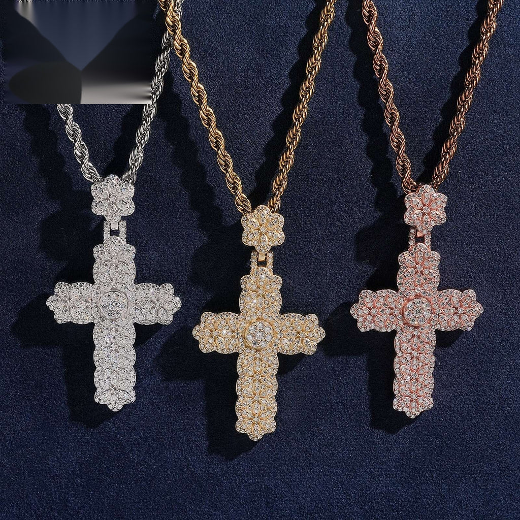Flower Cross Pendant — Moissanite, 925 Silver