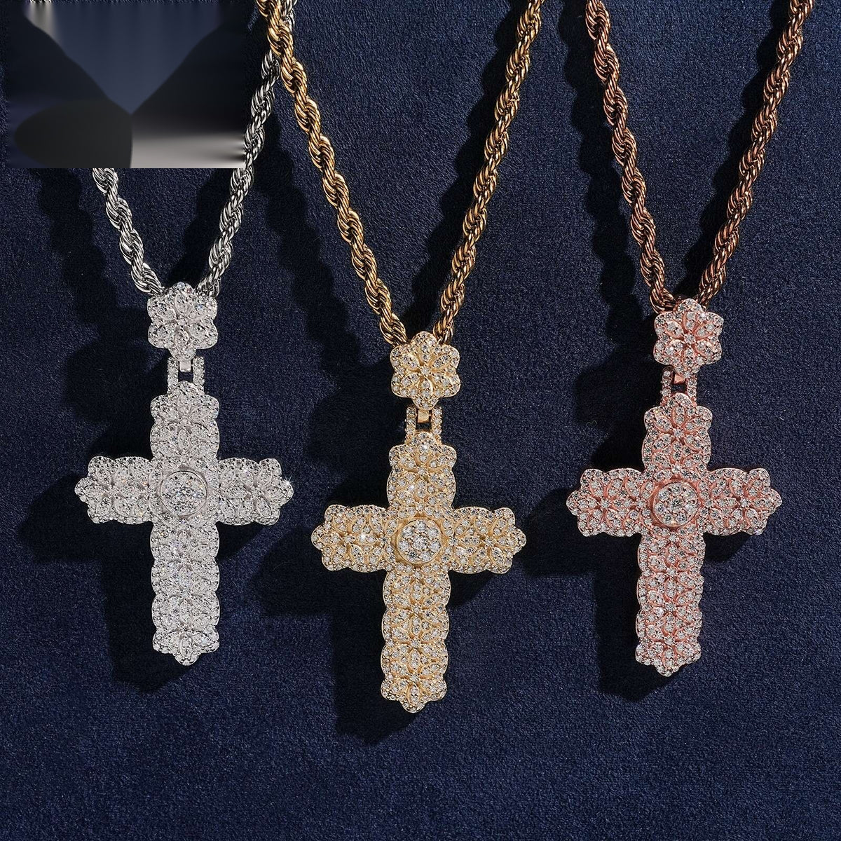 Flower Cross Pendant — Moissanite, 925 Silver
